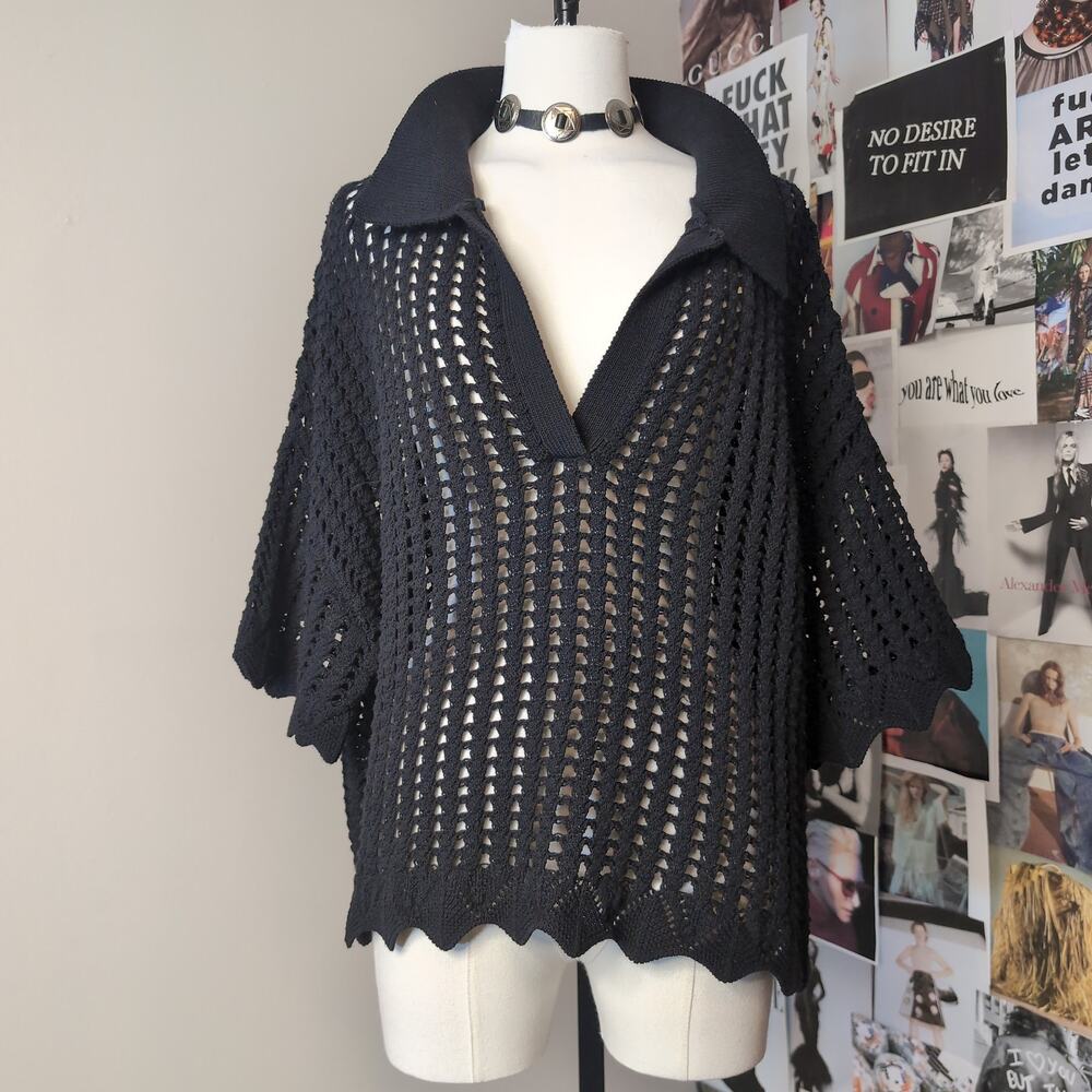 Open Knit Polo Collar Whimsy Sweater